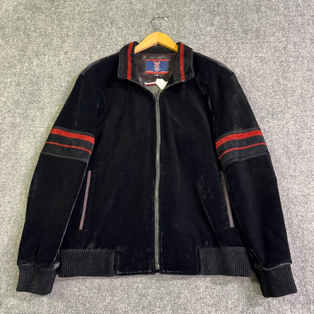 VTG 90s Velvet Jacket Mens L Black Red Blue Striped Y2K Fullzip Cotton Blend